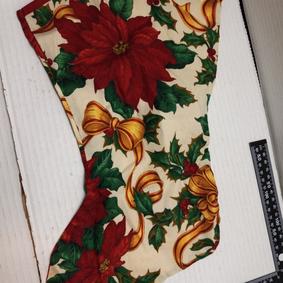 Handmade Fabric Pattern Poinsettias Christmas Holiday Festive Red Stocking Decor - Picture 2 of 8